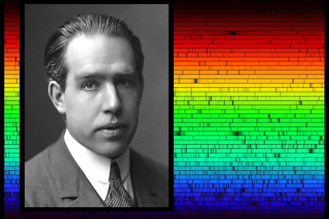 Danish physicist Niels Bohr, whose model of atoms helped explain the spectrum of light emitted and absorbed by different elements, as illustrated by the spectrum emitted by the Sun. [Credits: AB Lagrelius & Westphal, via Wikipedia (Niels Bohr photo); N.A.Sharp, NOAO/NSO/Kitt Peak FTS/AURA/NSF (solar spectrum); moi (composite)]