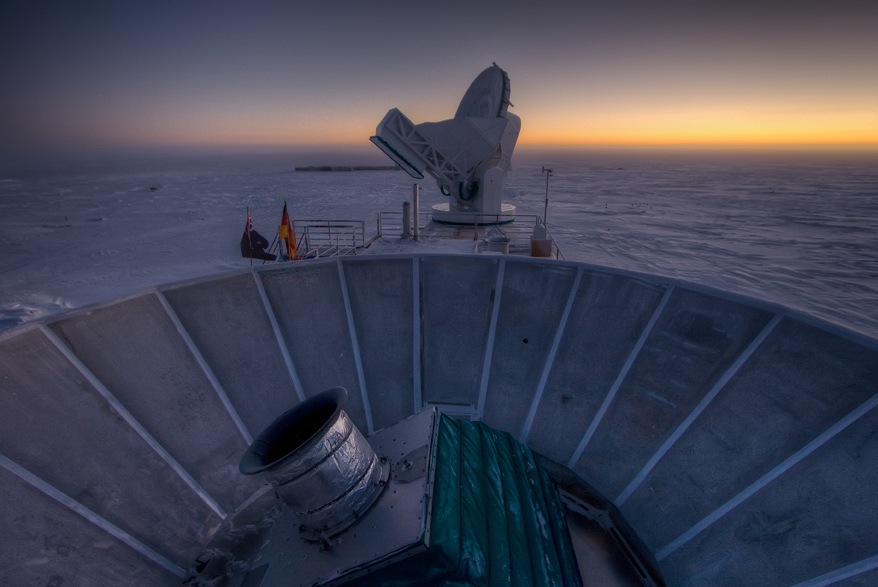 The BICEP2 telescope (foreground) with the South Pole Telescope (SPT) behind. [Credit: Steffen Richter (Harvard University)]