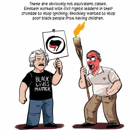 Albert Einstein wearing a "Black Lives Matter" shirt next to William Shockley carrying a tiki torch