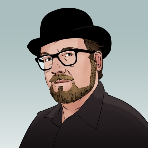 cartoon portrait of a white man with glasses, a dark blond beard, and bowler hat